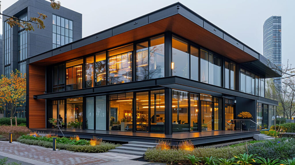 dark premium theme Home exterior 3D design side view by Seventh Key Real Estate