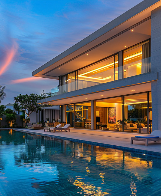 Modern luxurious house exterior with spacious swimming pool area