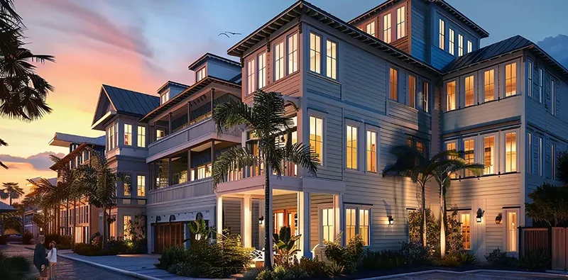 Contemporary real estate home exterior with large windows and balcony