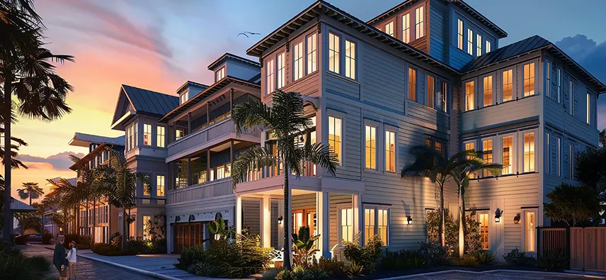 Contemporary real estate home exterior with large windows and balcony