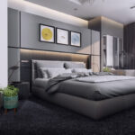 Contemporary master bedroom interior with warm tones in premium Dubai property