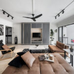 Spacious modern living room with minimalist design in high-end Dubai residence, UAE